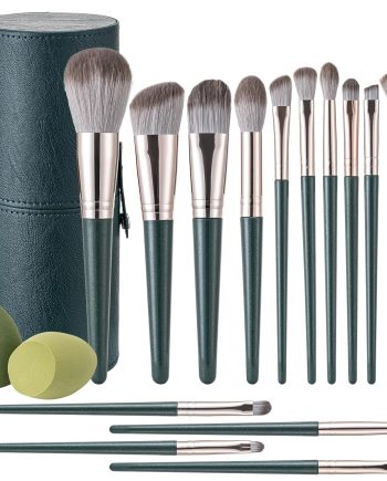 Makeup Brushes, 14 Pcs Professional Makeup Brush Set, Eye and Face Foundation Brush Set, Eyeshadow Brushes, Cosmetic Brushes with 2 Blender Sponge and  Makeup Pail, Dark Green